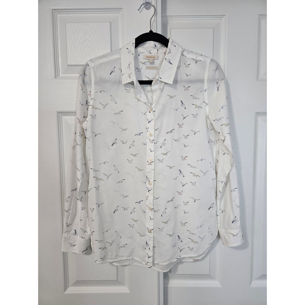 Barbour Relaxed Fit Seagull Print Button Down Shirt White Long Sleeve Women 4